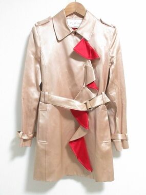 VALENTINO Valentino Midi-Length Frilled Satin Trench Coat with Belt